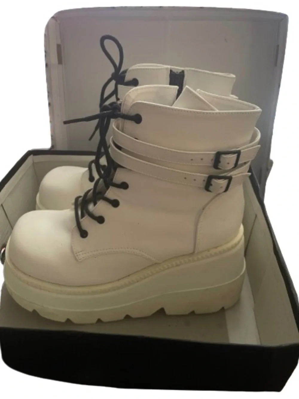 Demonia White Platform Combat Boots with Black Laces